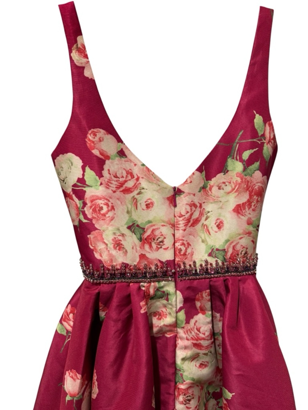 Sherri Hill Magenta Floral Plunge Satin Party Dress - Picture 6 of 12